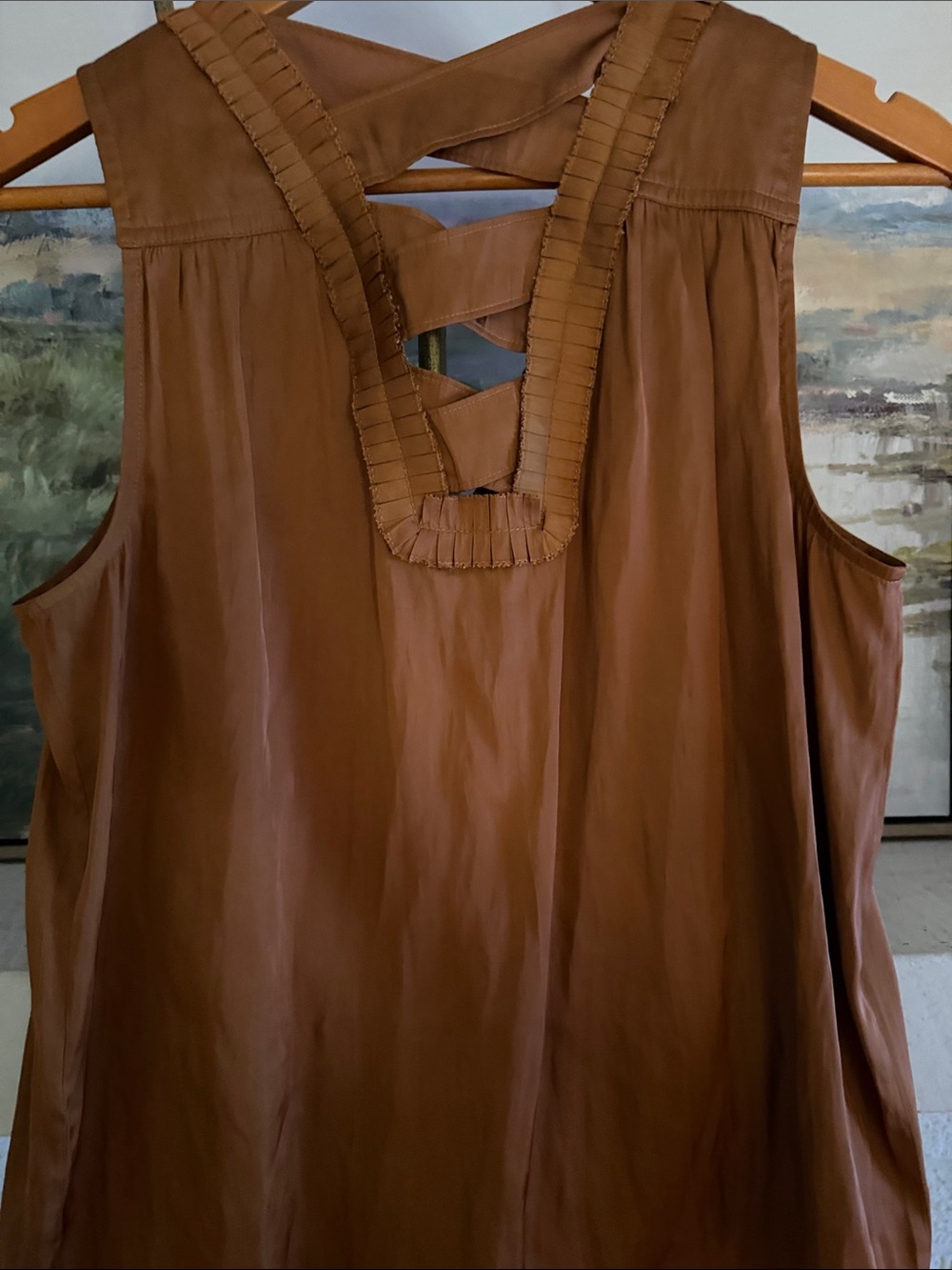 White House Black Market Rust Sleeveless V-Neck Ruffle Trim Top - Picture 6 of 9